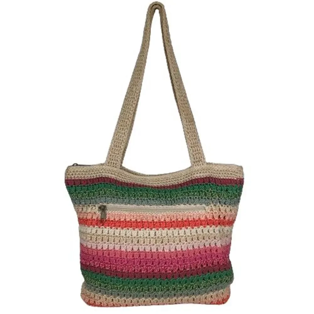 The Sak Multicolored Rainbow Striped Retro Y2K Woven Crochet Beach Tote Bag
